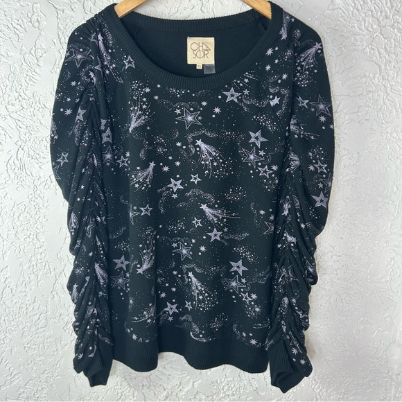 Chaser | Shirred Sleeve Mystical Star Print Whimsical Sweatshirt Size XL - Picture 2 of 11